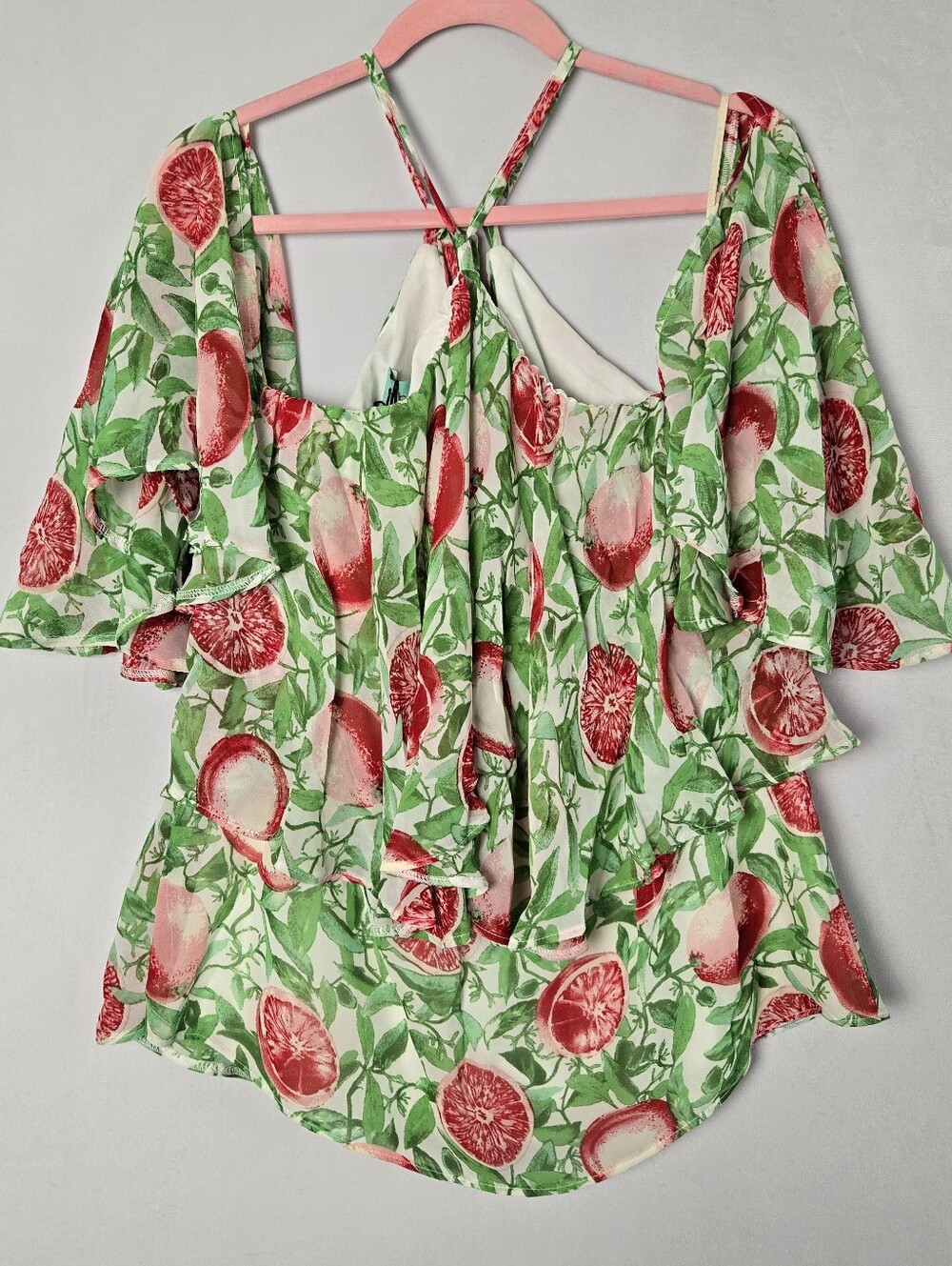 Judith March Top Large Halter Blouse Tiered Ruffle Citrus Vacation Resort Boho